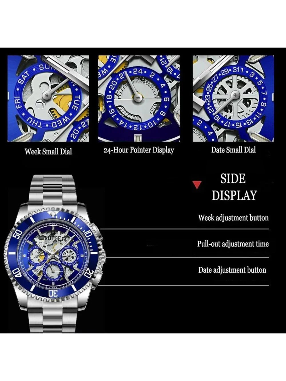 Men's Blue Automatic Skeleton 43mm Mechanical Luminous Stainless Steel Watch